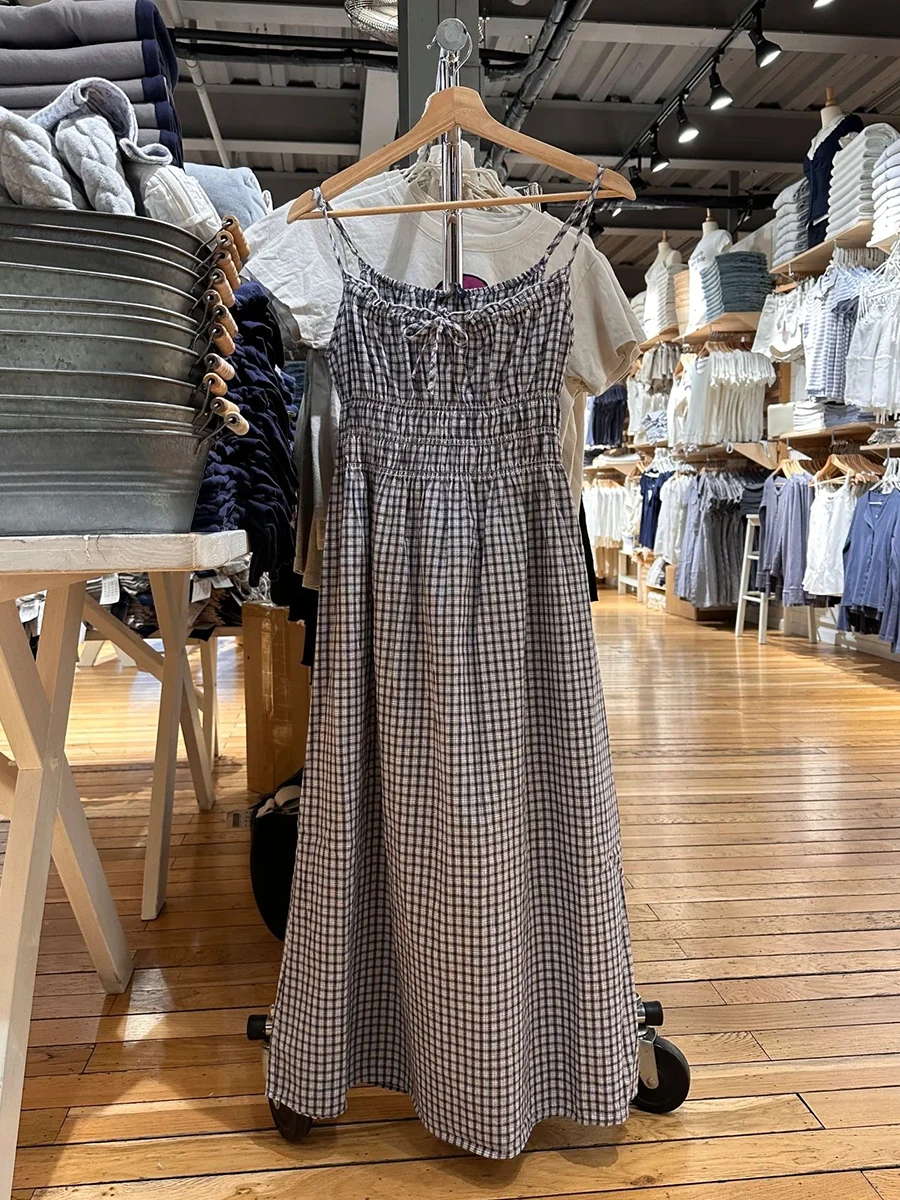 Abito longuette vintage scozzese blu scuro Donna Estate Elastico in vita A-line in cotone con volant Lace-up Vestido Dolce e carino Abiti lunghi con camicette Nuovo