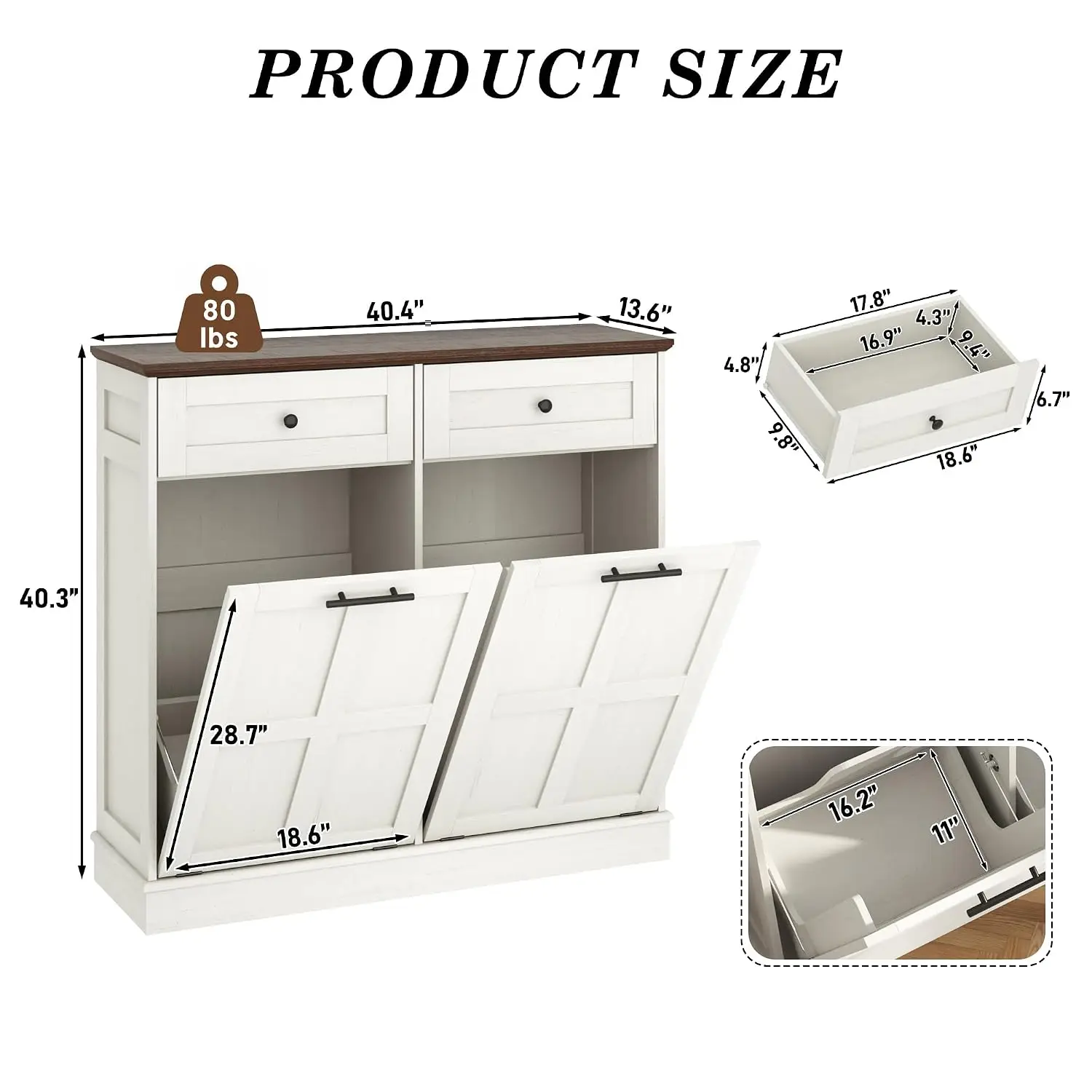 Double Trash Can Cabinet, 26 Gallons Farmhouse Hidden Wood Garbage Can Bin Cabinet with Drawers, Tilt Out Laundry, Customized