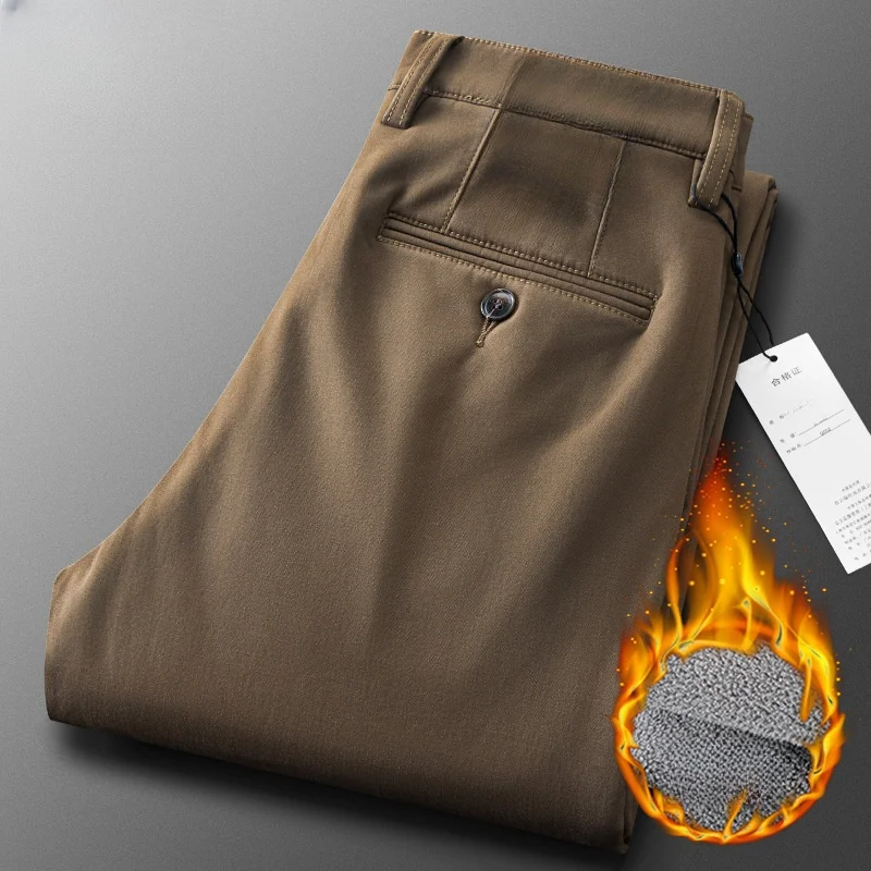 Fleece Winter Pants for Men straight loose thicken black brown high waist mens trousers big size 38 40 42 44 warm pants overall