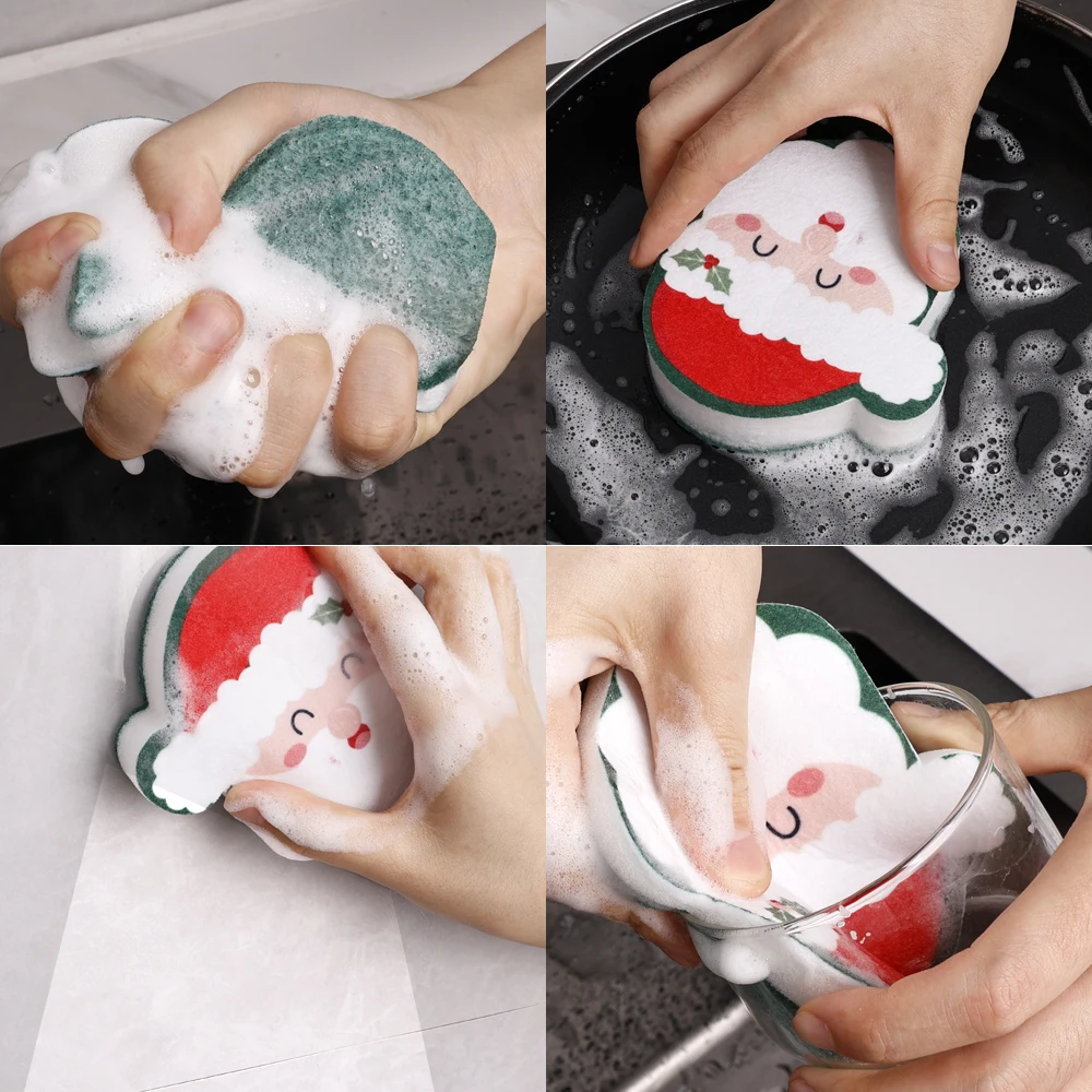 Christmas Cleaning Sponge Christmas Theme Decoration Kitchen Cleaner Scouring Pad For Washing Dish Pot Household Cleaning Tools