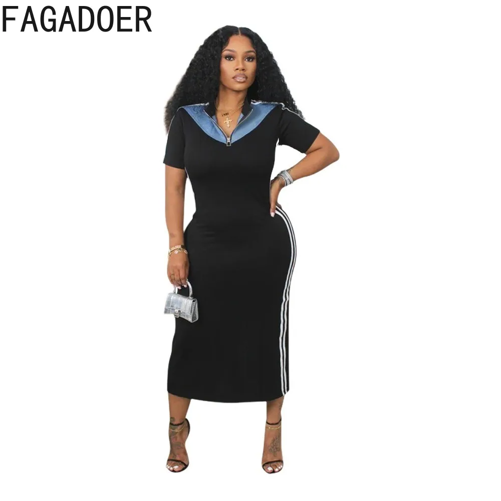 FAGADOER Fashion Color Stitching Short Sleeve Slim Dresses Women V Neck Zipper Slim Vestidos Casual Female Solid Streetwear 2024