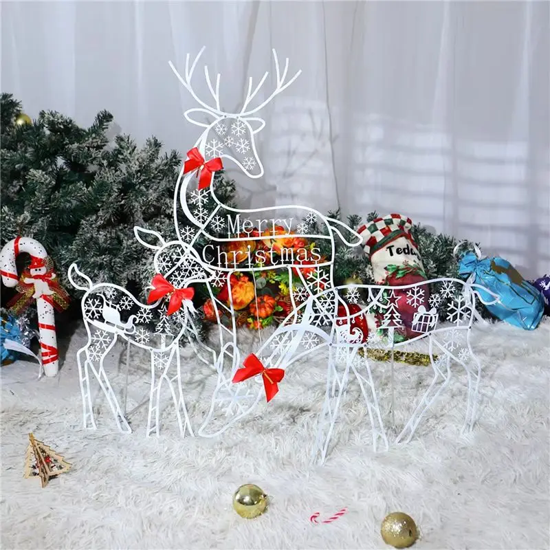 ABCA-3PCS Handmade Iron Artelk Deer Christmas Garden Decor &LED Light Glowing Glitter Reindeer Xmas Home Outdoor Yard Decor