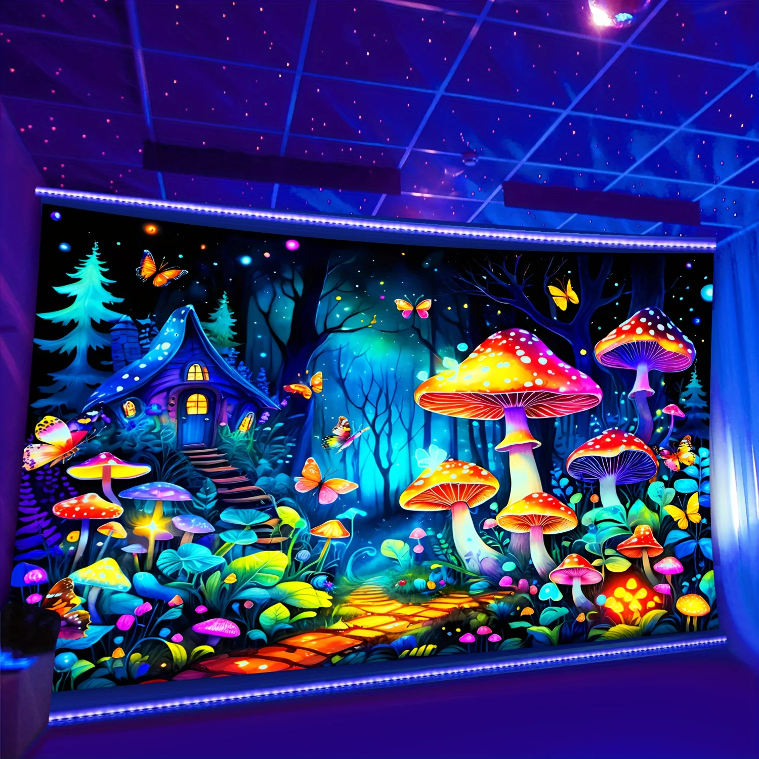 VIKAMA Pilz-Wald-Schmetterlingsmuster, im Dunkeln leuchtender Wandteppich für Wohnzimmer, Schlafzimmer, Büro, Wandbehang, Party-Dekoration