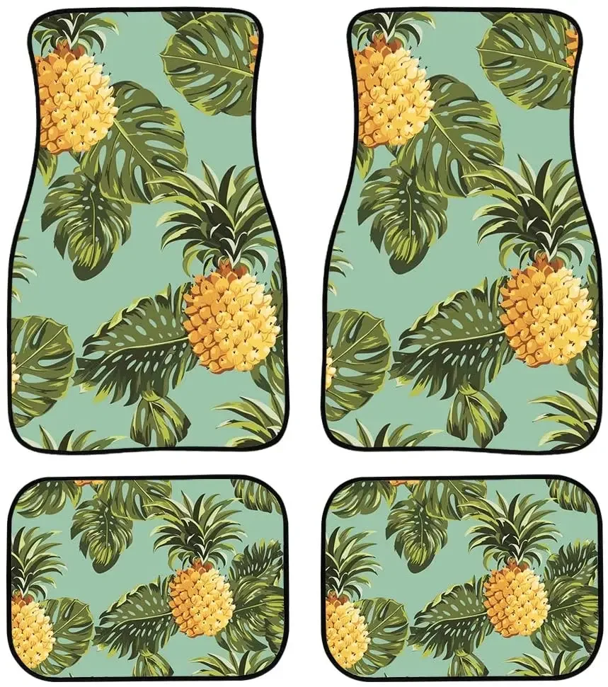 Tropical Pineapple Design Permium Carpet Car Floor Mats - Set of 4 Pieces for Vehicle Front & Rear Carpet Cushion Mat