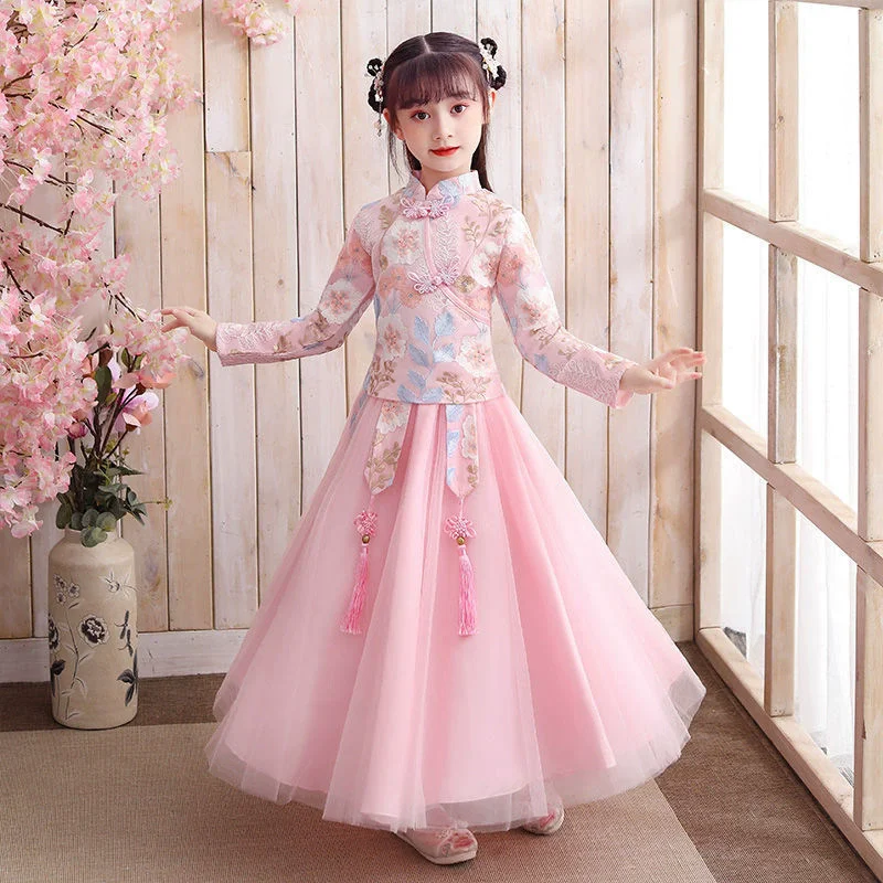 秋の2ピースセット-女の子漢服-カジュアルキッズ服-ブラウス-唐装トップス-スカートスーツ-女の子服-古風衣装-子供服セット