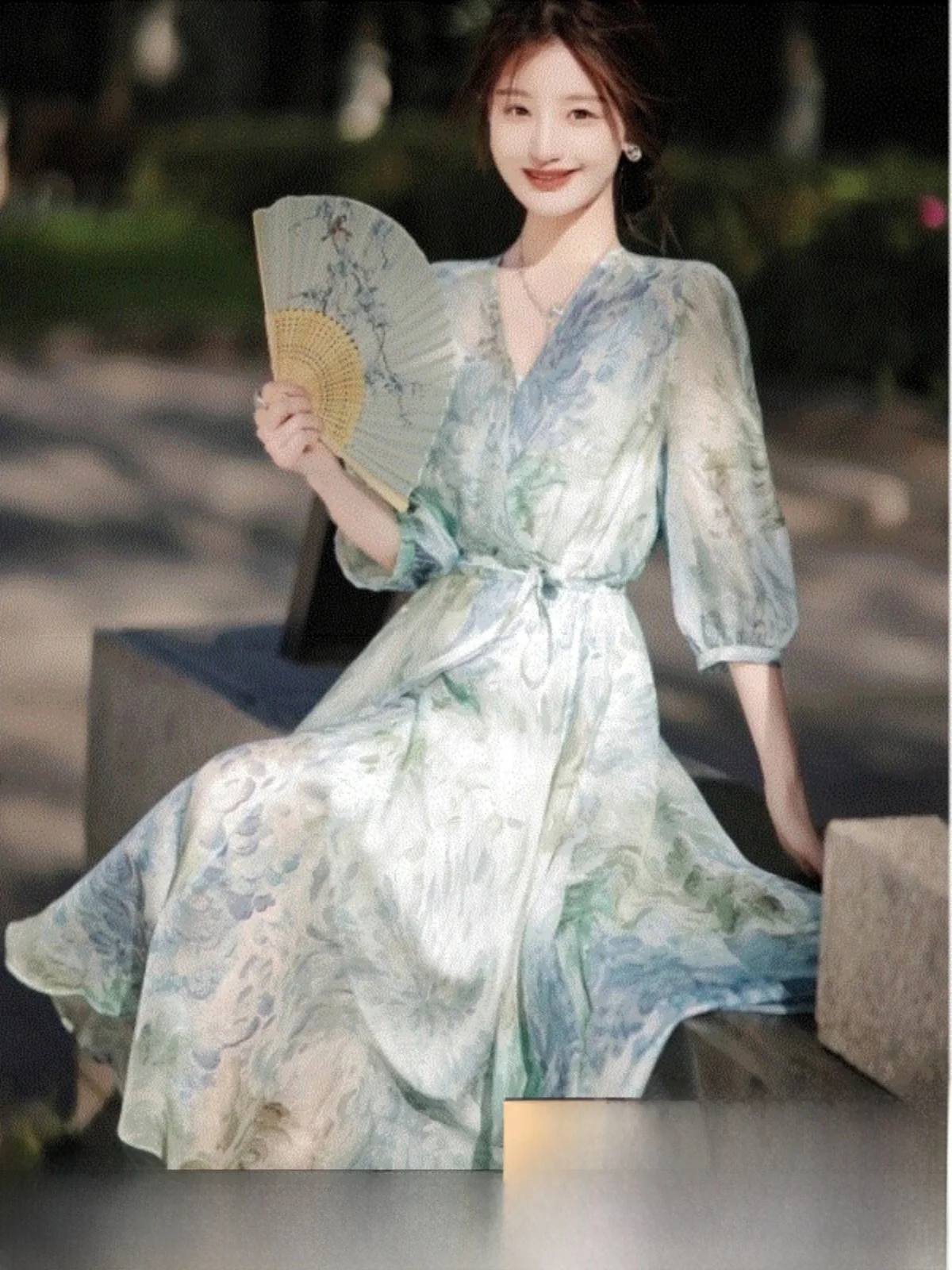 

Floral Print Chiffon Dress Women's Fashion Spring Summer A-Line Midi Skirt Korean Style Polyester Fiber Short Sleeve V-Neck