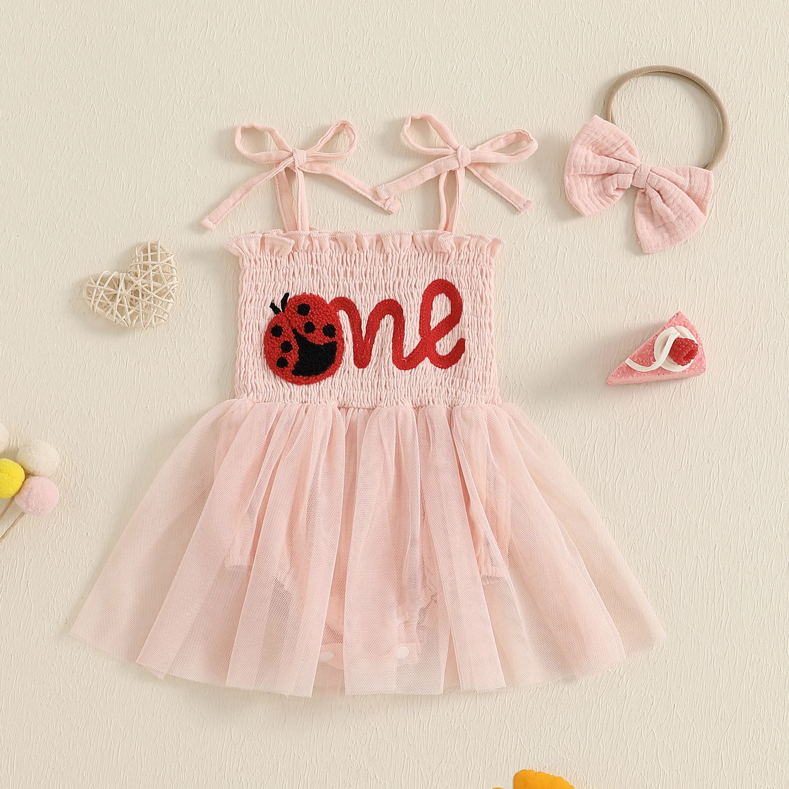 BeQeuewll Baby Sleeveless Clothes for Girl Birthday Outfits Princess Letter Tie Shoulder Romper Dress Headband Newborn Bodysuit