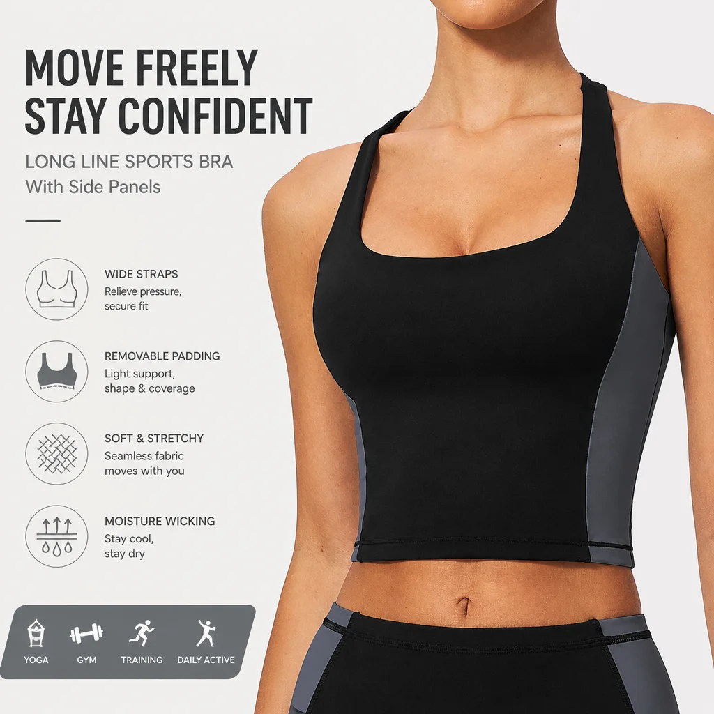Yoga Blocks - Damen-Sport-BH mit Farbblock-Design, breiten Trägern, langem