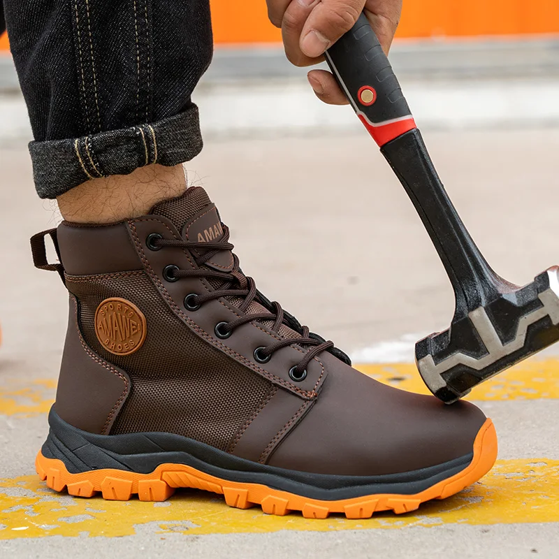 Waterproof Borwn Color Safety Shoes Men Steel Toe Work Boots Unisex Hiking Trail Anti-smash Non Slip Botas Platform Men Boots