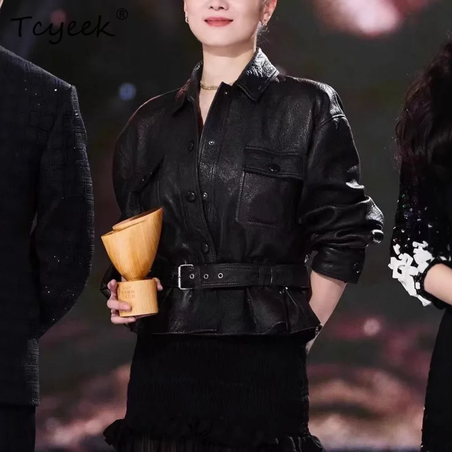 Tcyeek peau De mouton printemps automne haut De gamme à la mode revers noir femmes veste en cuir véritable Jaqueta De Couro légitime Feminina