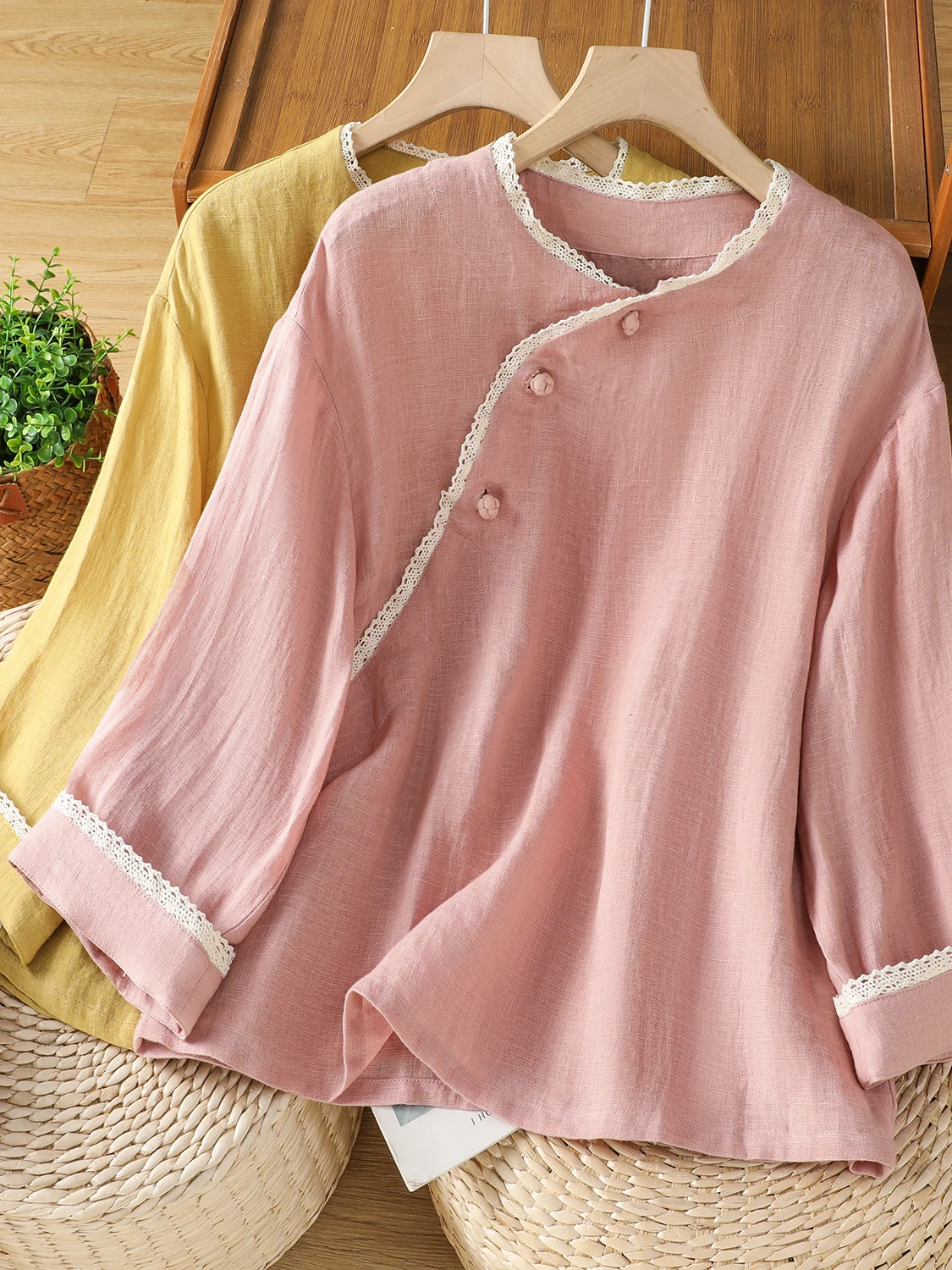 Nuevo 2025 chino Sle encaje empalme algodón Lino largo Sve irt mujer de talla grande botón inclinado traje de té Top