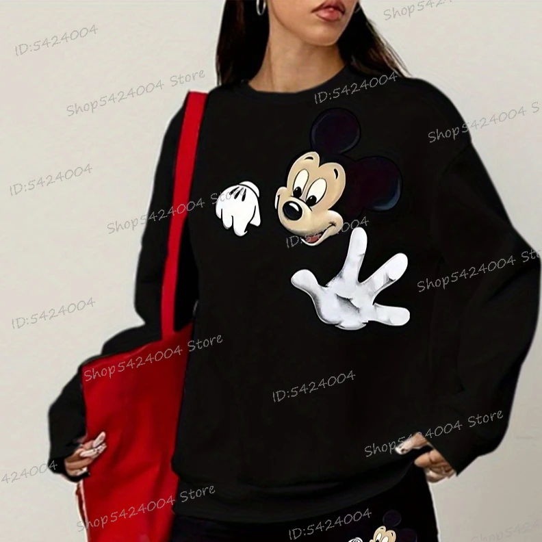 Felpa divertente da donna Topolino Felpa casual Cartoon Topolino Design Girocollo Pullover Autunno Inverno Manica lunga Donna Sudaderas