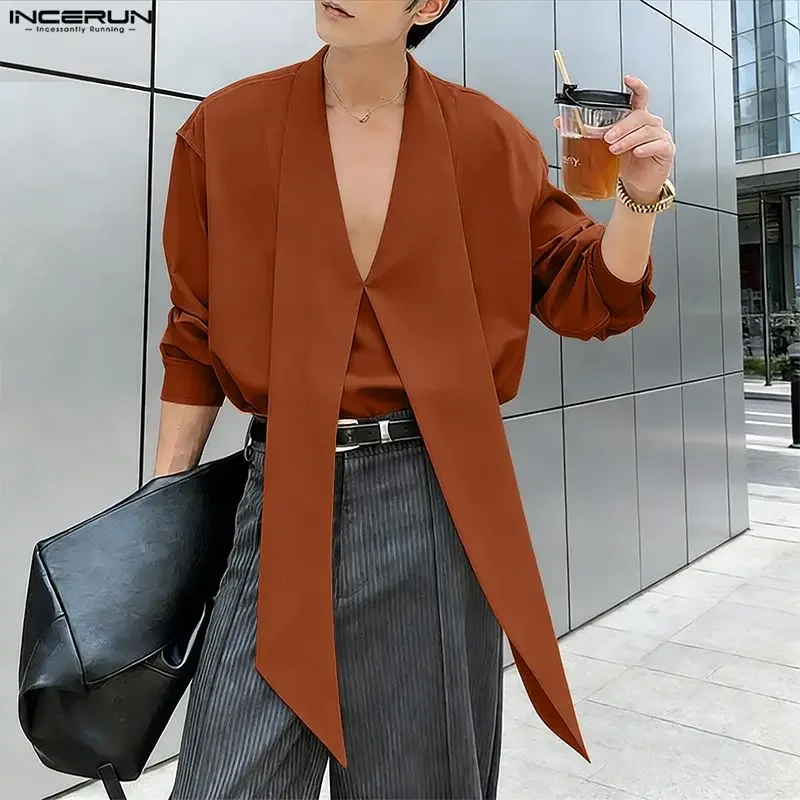 

INCERUN Men's Shirt Solid Color Deep V Neck Long Sleeve Men's Clothes Tops With Belt Streetwear 2026 Fashion Camisa Loose S-5XL