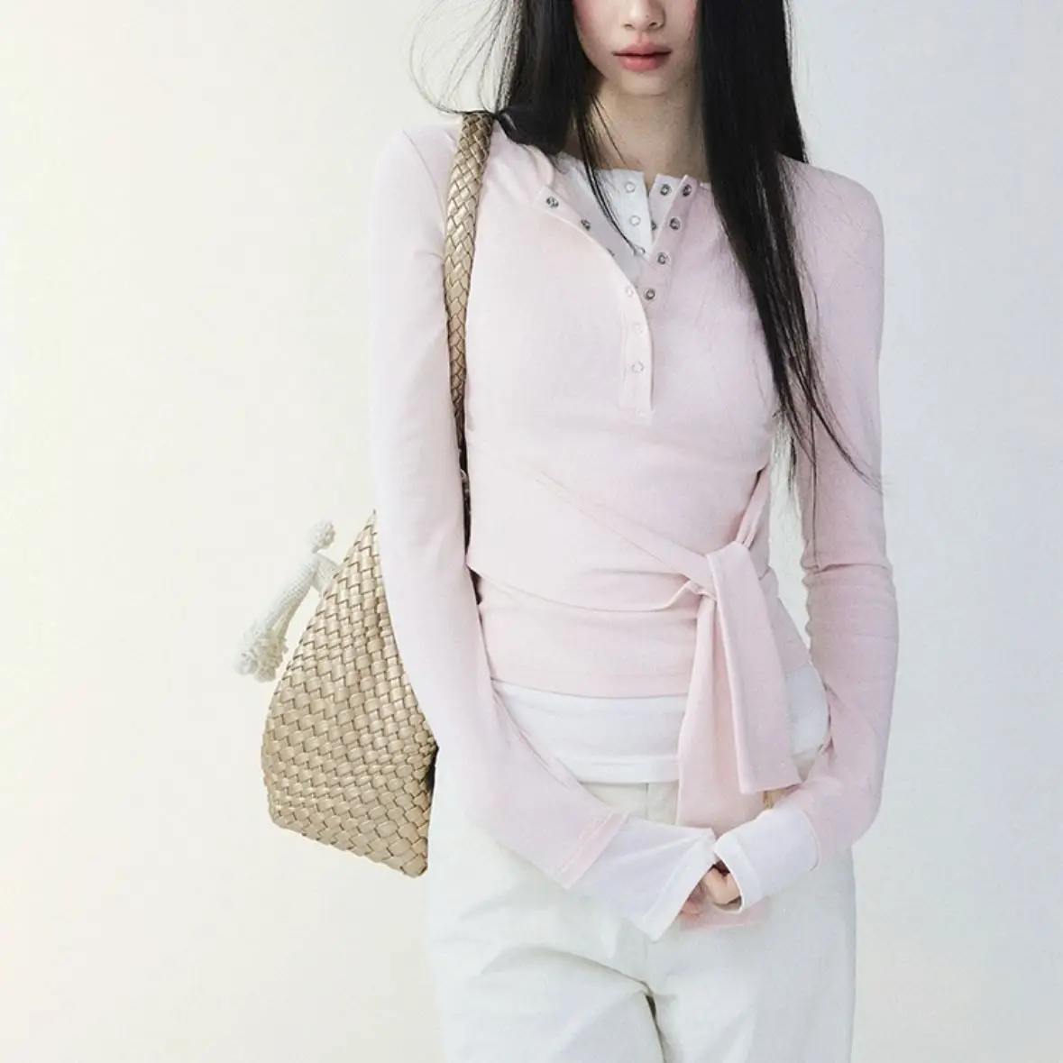 

Women Long Sleeve T-Shirts American Style Fake Two-piece knit T-Shirt Top Waist Strap Fashionable knit Clothing Top