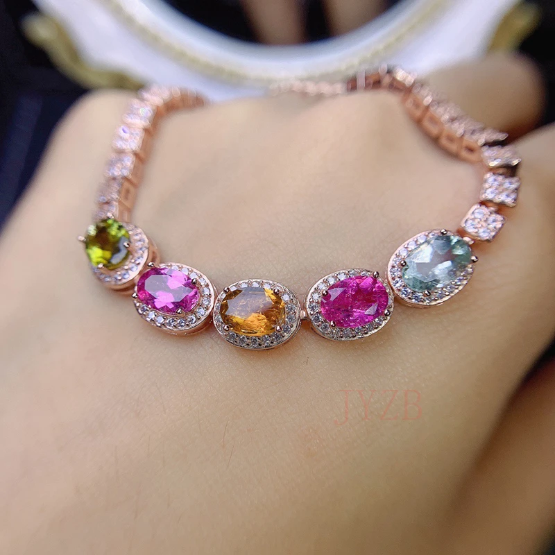 Natural tourmaline silver bracelet, 5 mm x 7mm, is a day gift for girls