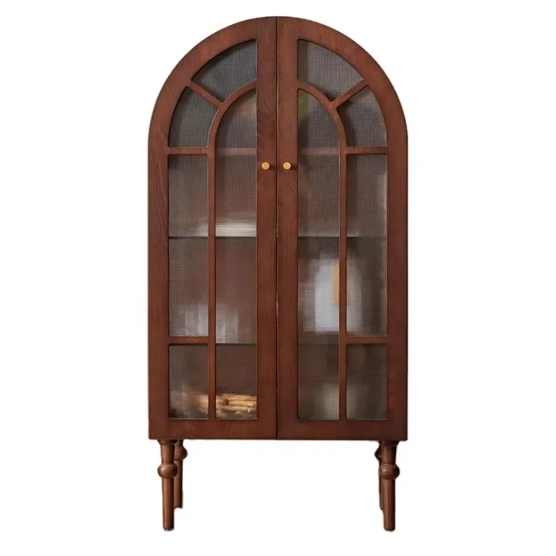 Vintage arched solid wood living room display cabinet, mid-century modern style locker, glass door with groove