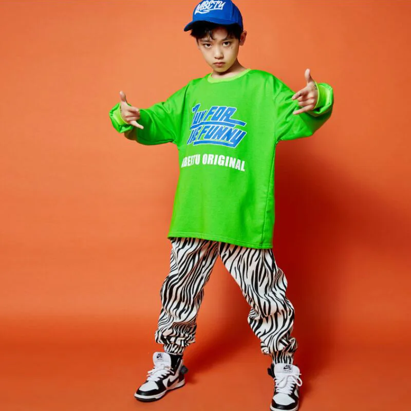 

Kids Kpop Outfits Street Wear Clothing Boys Girls Green Sweatshirt Vest Zebra Hip Hop Pants For Kids Jazz Dance Costume Clothes