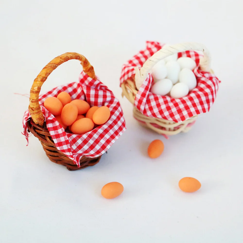 Chzimade 1:12 Dollhouse Miniature Egg Basket Red Plaid Duck Egg Frame Kitchen Food Model Pretend Play Toy Dollhouse Accessories