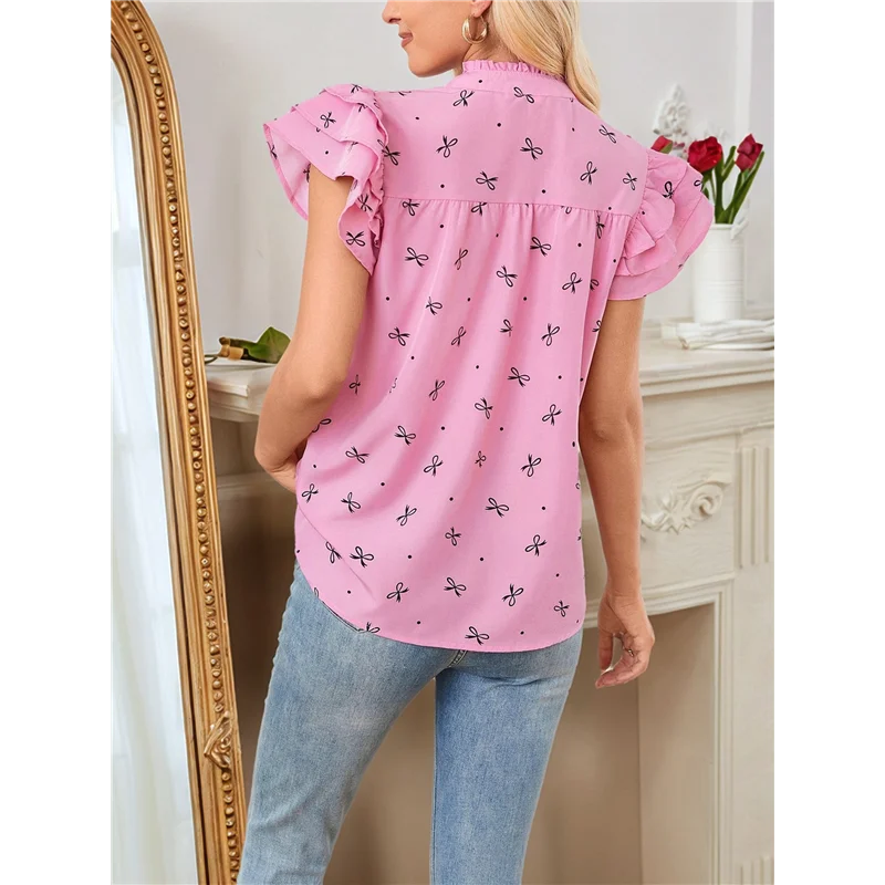 

ABRT-Ruffle Tops For Women Loose Notched V Neck Boho Tops Layered Flutter Sleeve Tunic Shirts