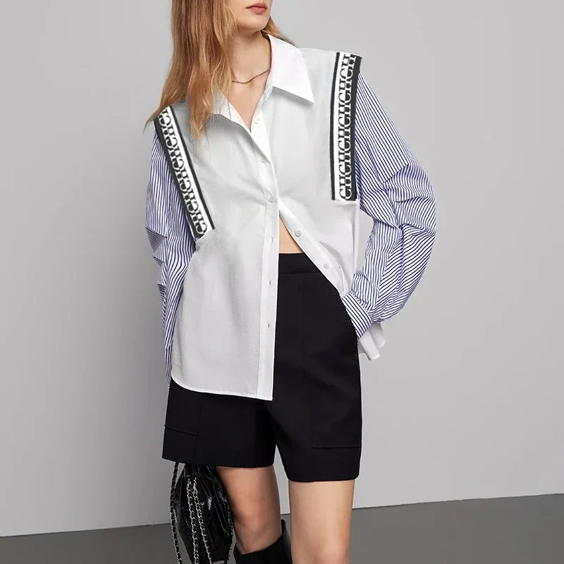 

Women's Casual Shirt Comfortable Simple Blue and White Classic Retro Long Sleeved Top