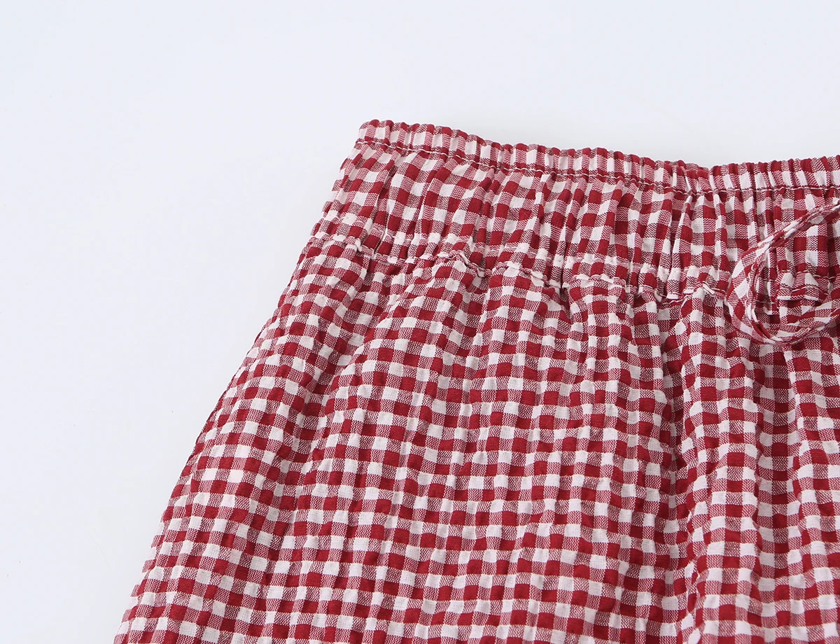 KONDALA Damen Lässige Schicke Rote Karierte Laternenhose 2026 Sommer Trendige Street-Style Urlaubshose mit Kordelzug Elegante Damen-Bloomers – Detail 5