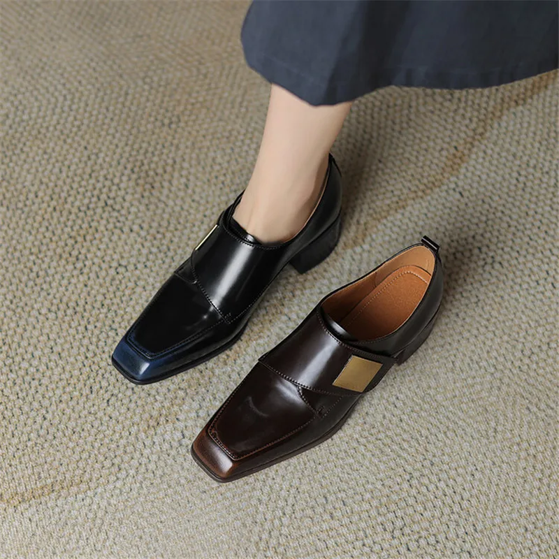 2024 New Spring Summer Split Leather Loafers French Square Toe Chunky Heels Shoes for Women Zaptos Mujer Casual Women Pumps