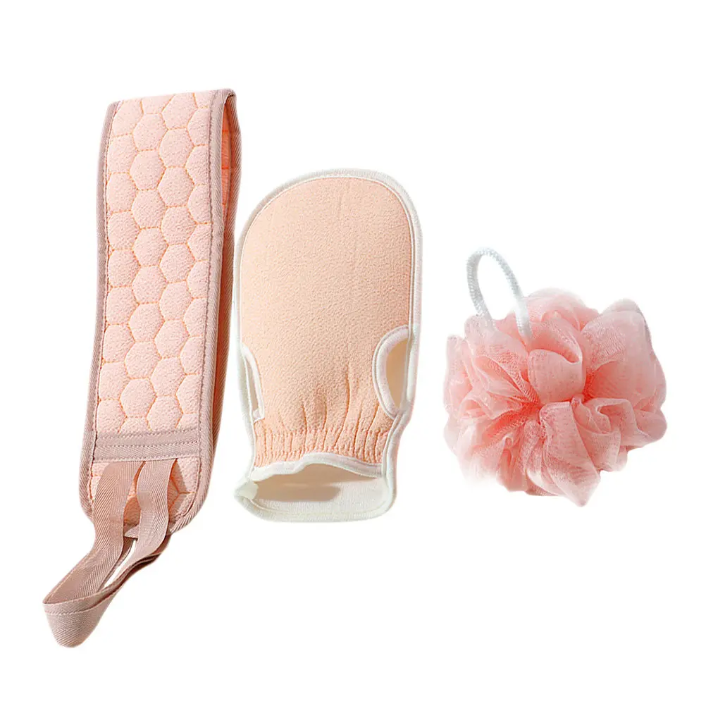 1Set Bath Scrubbing Towel Set Safe Skin Material Exfoliating Gloves Back Scrubber Pull Back Strip Shower Ball Bathroom