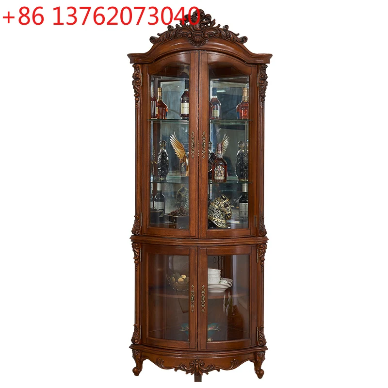 

European all solid wood triangular cabinet corner wine cabinet living room rack dining room log carving