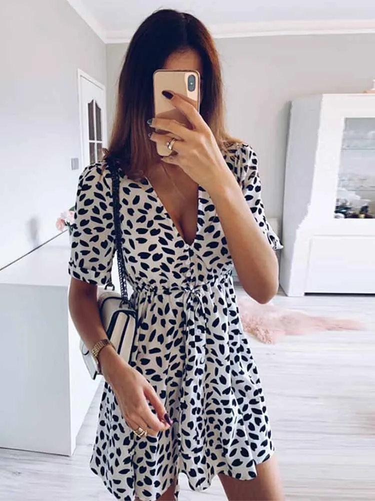 

White Sand Spot Mini Summer Dresses Women V Neck Casual Beach Sundress Sexy Botton Wrap Bodycon Dress Female