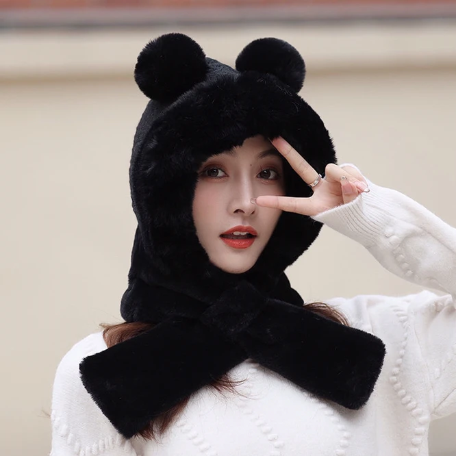 Hat Scarf One Female Winter Plush Thickened Cold Proof Warm Windproof Plush Scarf Ear Protection Girl  Women Hat White