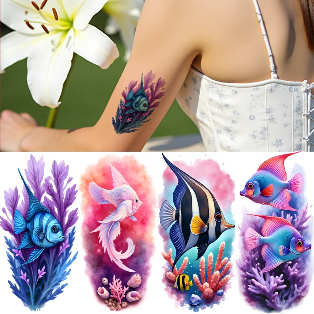 

12pcs Temporary Tattoo Realistic Temporary Tattoos Angel Fish Coral Jellyfish For Adults Back Shoulders