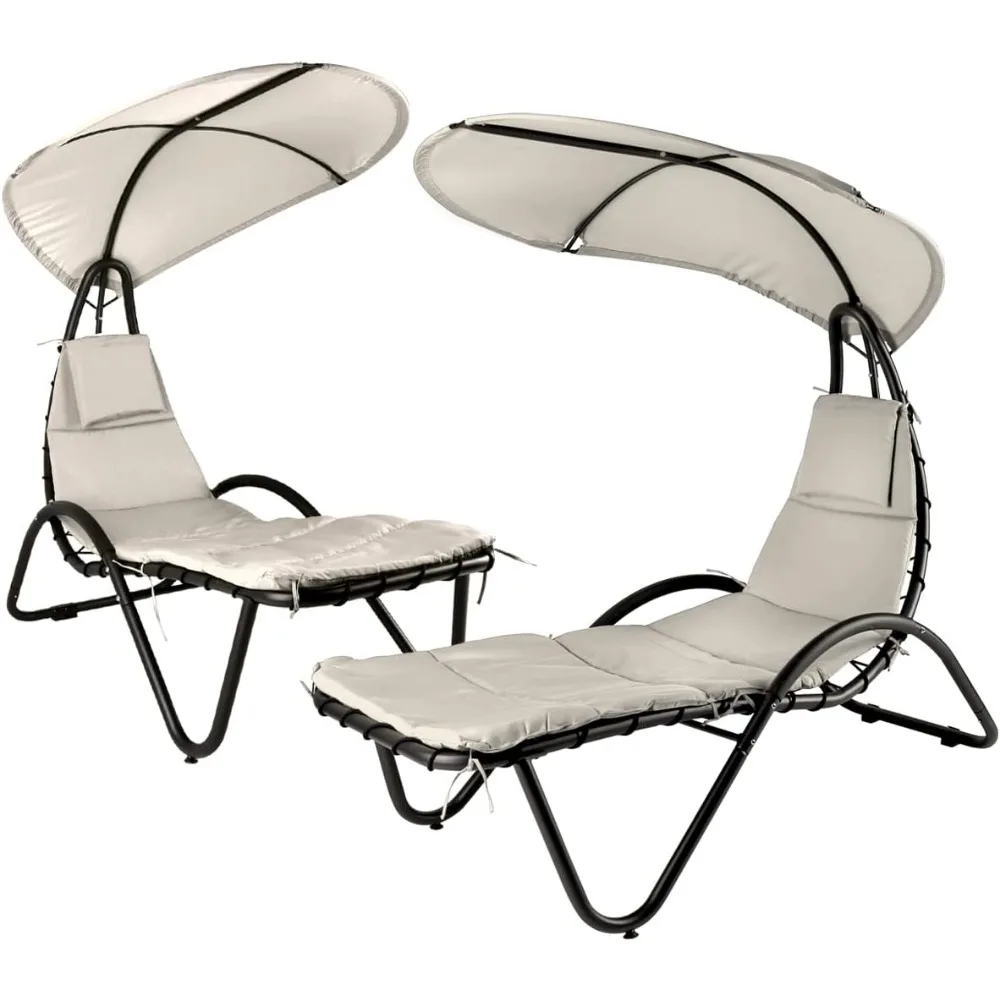 

2X Hanging Chaise Outdoor Lounge Chair Hammock with Sun Shade Canopy, Wide Umbrella, Cushion, Stand for Backyard, Poolside Beige