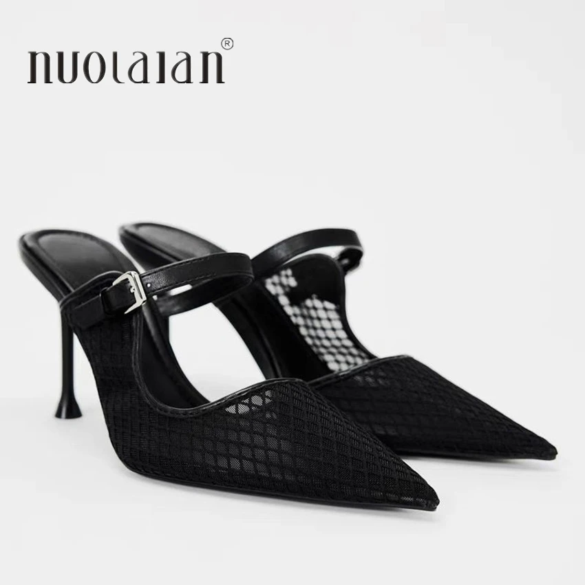 

Black Mesh High Heels Women Pumps Sexy Pointed Toe Stilettos 2025 Summer Breathable Mules Shoes Laides Vintage Sandal