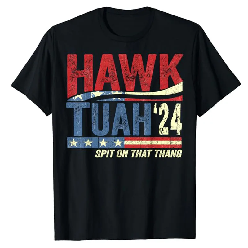 Hawk Tuah 24 liah pada Thang T-Shirt US bendera Amerika cetak grafis atasan huruf dicetak mengatakan Tee lengan pendek blus hadiah