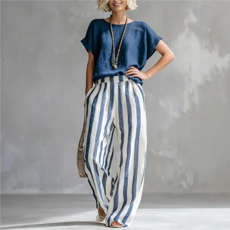 

Bohemia Pants Sets for Women Casual Short Sleeve Solid color Top+Striped High Waist Wide Leg Pants Suit Summer Vacation Outfit