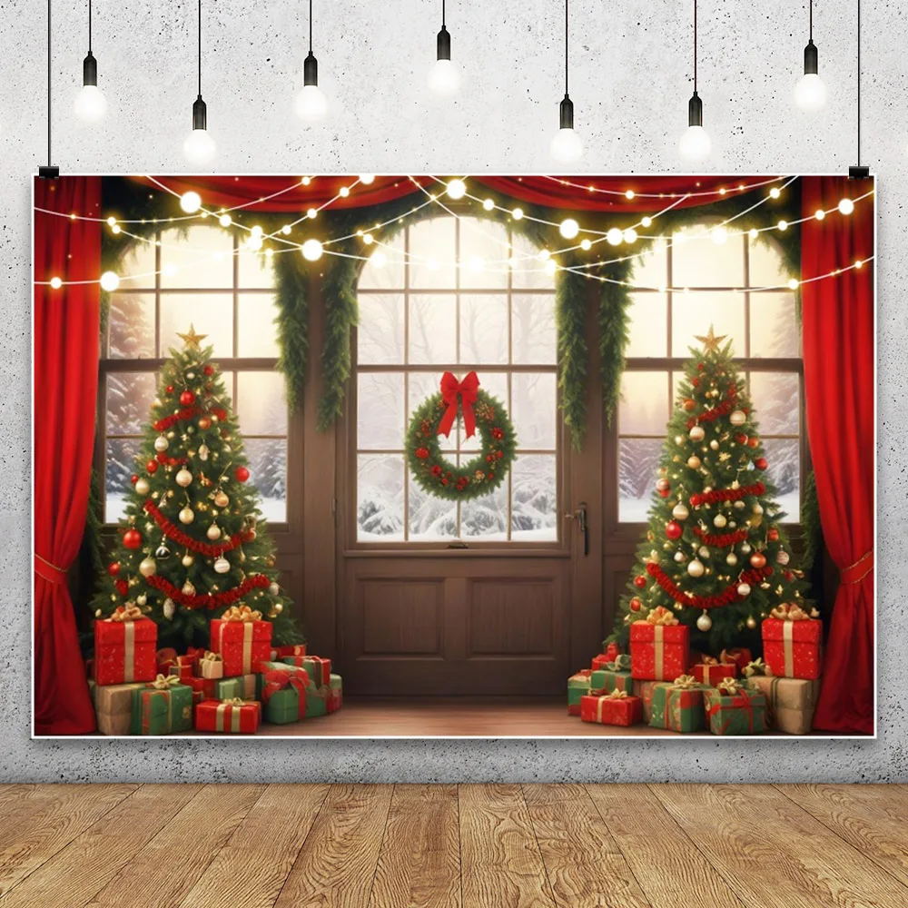 Christmas Photography Background Glitter Lights Xmas Tree Gifts Window Red Curtain Wreath Kids Family Photocall Background Decor