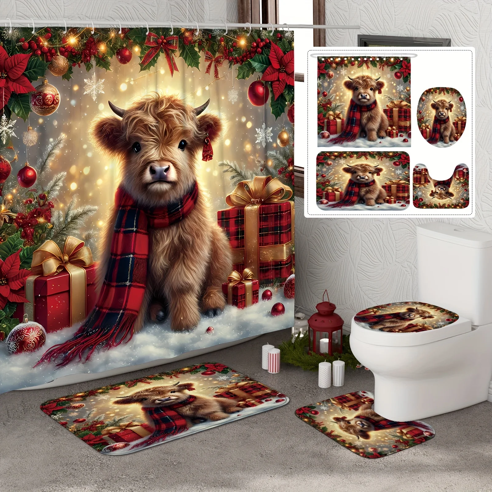 

Рождественский набор занавесок для душа Highland Cow с нескользящим ковриком и крышкой для унитаза, милый полиэстер красного золота, можно стирать в машине, рождественский декор