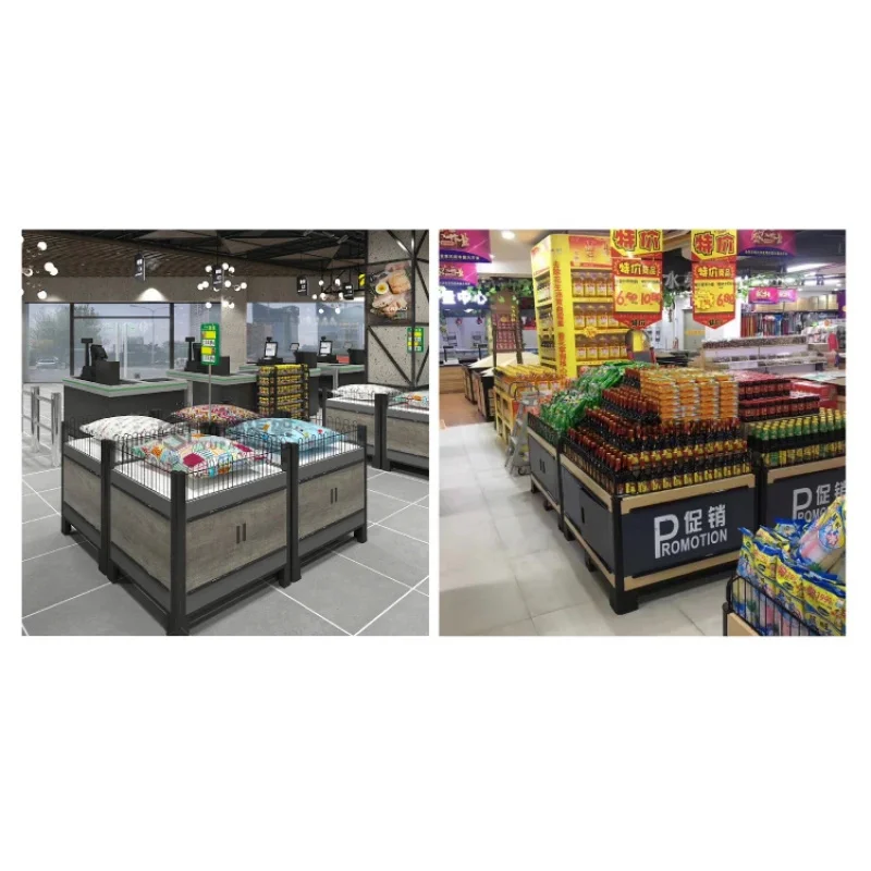 custom.Heavy Duty Metal & Wood Promotional Table with 5 Shelves Grid Shelving Retail Display Counters
