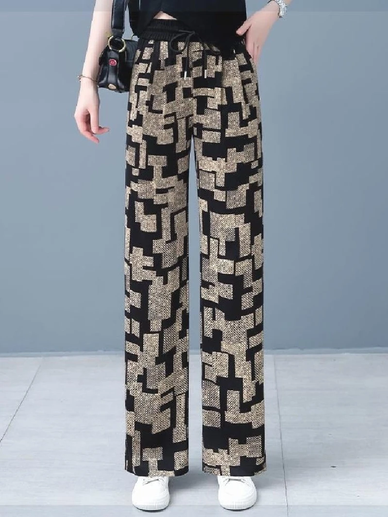 

Ice Silk Casual Pants Dyed with Ink Painting Tied And Bleached Slim Wide Leg Pants for Women Thin High Waist Summer New Sle