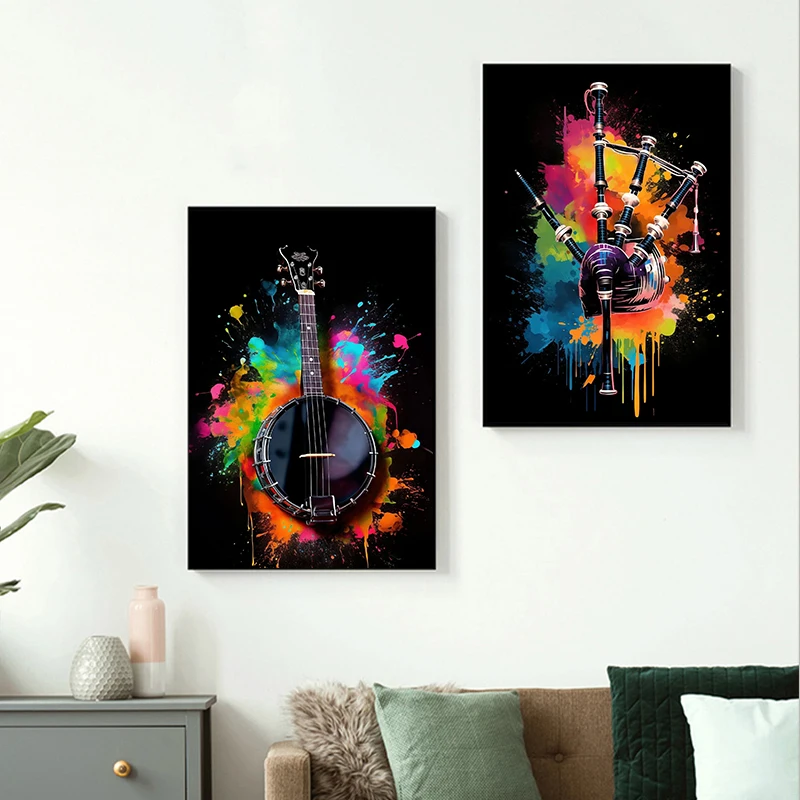 Colorful Musical Instrument Poster African Drum Bagpipe Electric Guitar Poster Canvas Painting Wall Art Picture Home Decor