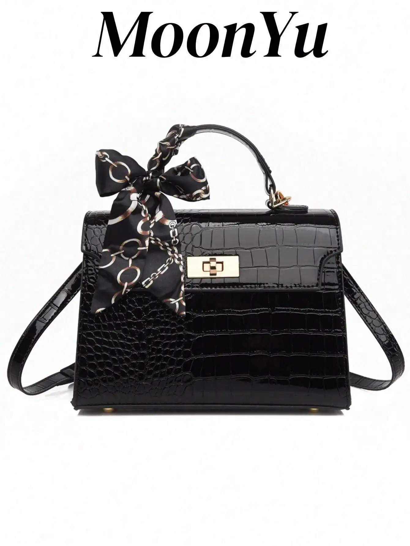 

Блестящая сумка с тиснением под крокодила, с цепочкой и шарфом-бантом, черная, для ношения через плечо или в руке