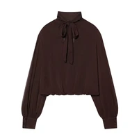 Women's Black Bow Tie Neck Blouse Sheer Puff Sleeve Cropped Chiffon Top for Party & Office - Image 6