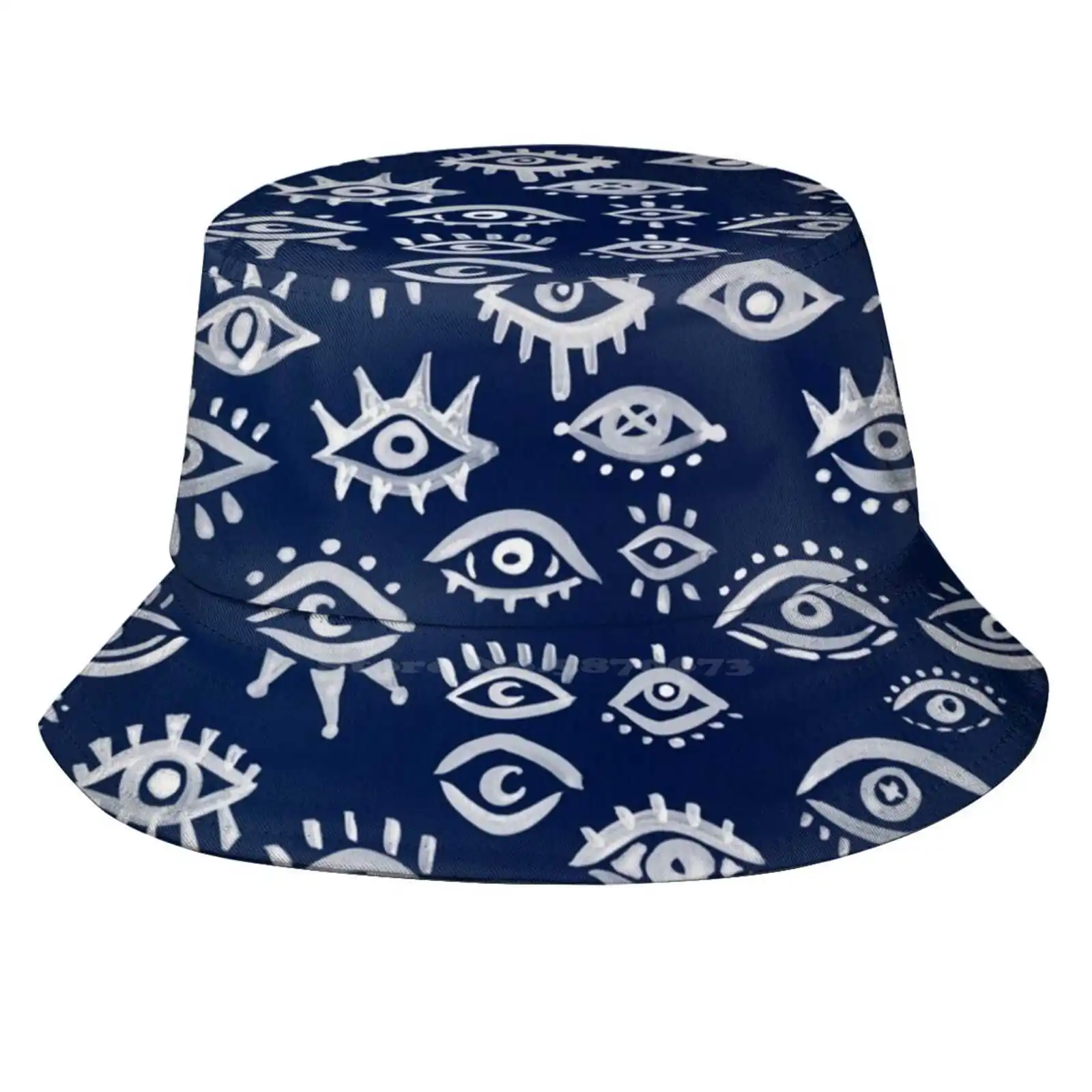 Mystic Eyes – White On Navy Sun Cap Fisherman Hat Bucket Hats Evil Eyes Evileye Amulet Charm Mint Gold Egyptian Hamsa Eyeball