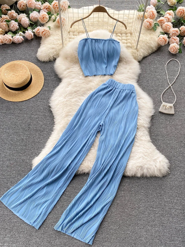 Women Summer Fashion Pants Set Spaghetti Strap Short Tops & High Waist Long Pants Two Piece Suits