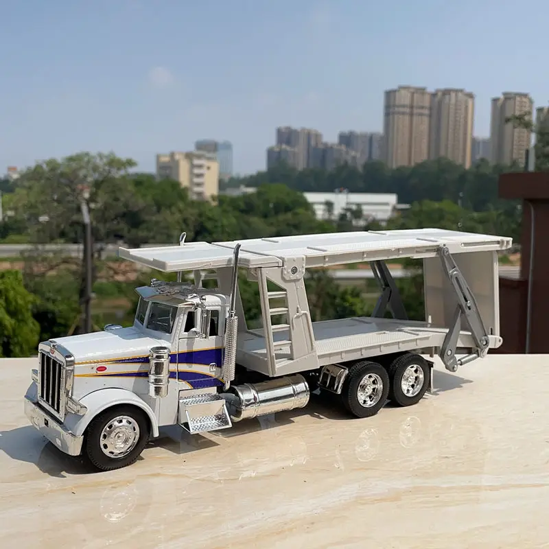 Modelo de Vehículo de Metal Fundido a Presión a Escala 1:32, Camión de Transporte Pesado con Remolque de Plataforma Plana de Doble Piso, Sedán, Camión Volquete, Regalo