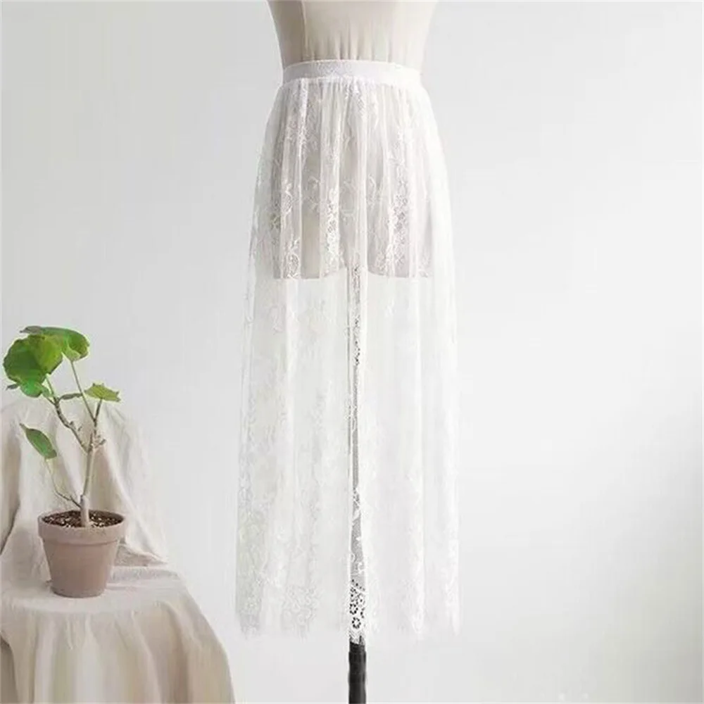 Jupe longue en tulle transparent pour femme, dentelle blanche, jupe noire élégante pour femme, taille haute élastique, jupe midi de plage, 2