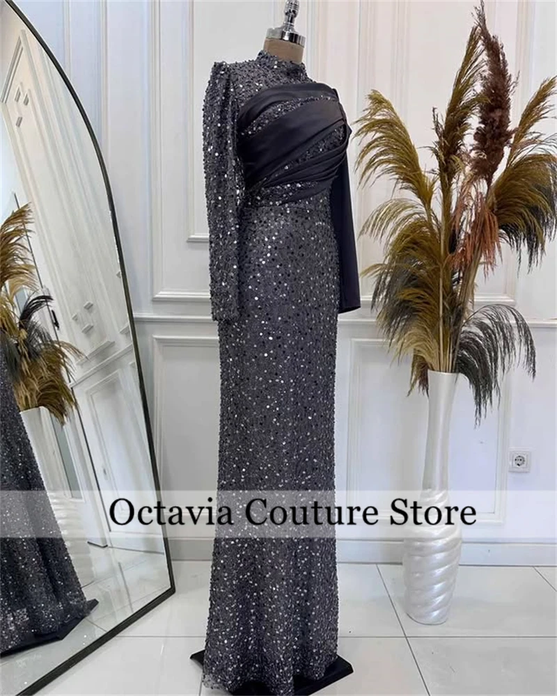 Robe de soirée à paillettes brillantes, col haut, manches longues, longueur au sol droite avec plis, robes de soirée de mariage personnalisées pour femmes