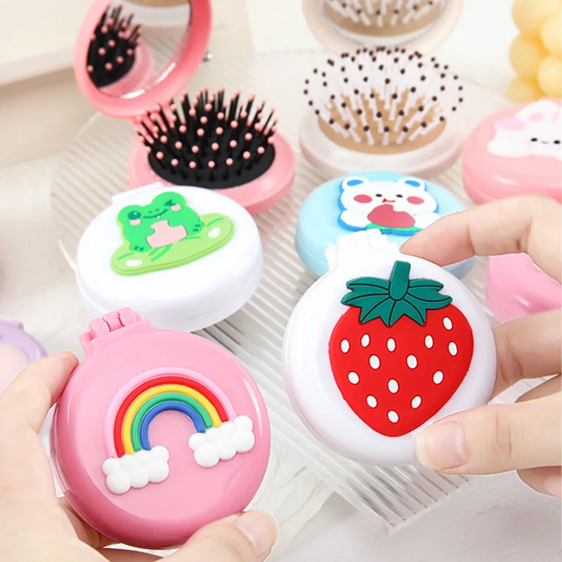 

Складная расческа для волос с милым мультяшным макароном, портативная складная расческа Kawaii 2 в 1, складная расческа с маленьким зеркалом, детские принадлежности для макияжа