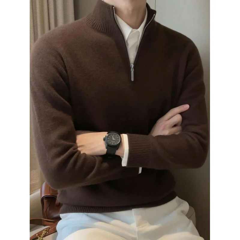 

Zipper Mock Neck Half High Collar Sweater Women's Cashmere Knitwear Embroidered Detail Non-Shrinking Nine Sleeve Length