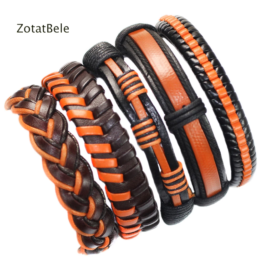 Wholesale Bangle 5pcs/set Braided Genuine Surfer Leather Bracelet Men Multilayer Rope Bracelets Jewelry Gifts Pulseira Masculina